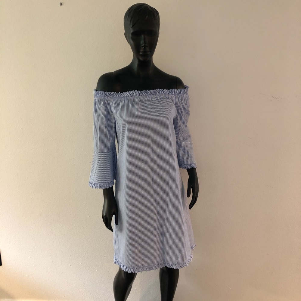 Blue & White Striped Off-the-Shoulder Dress